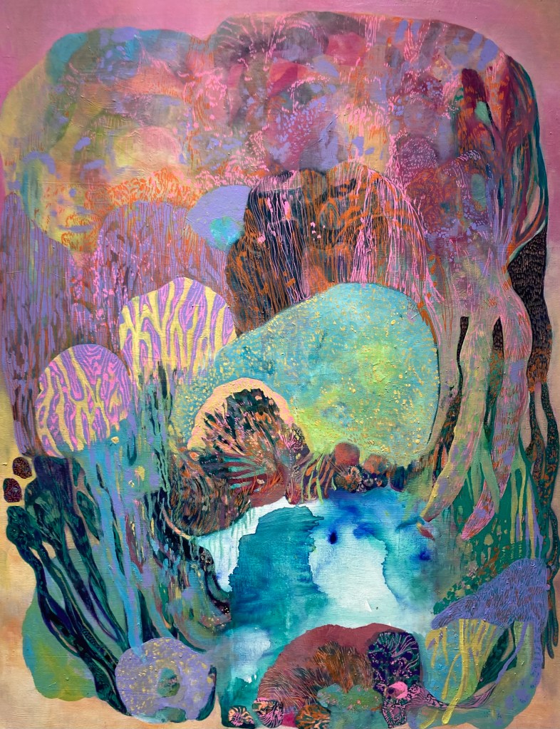 Colorful abstract painting by Noora Tirkkonen featuring vibrant shapes, organic forms, and blended colors resembling a jungle landscape.